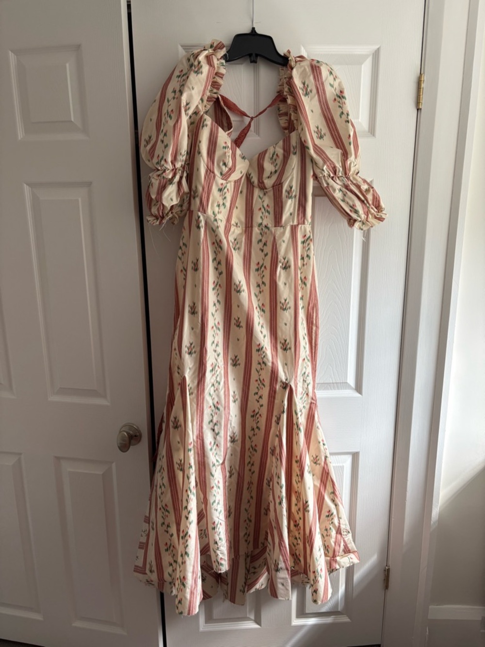 Cream and Dusty Rose Floral Stripe Maxi Dress with Puff Sleeves